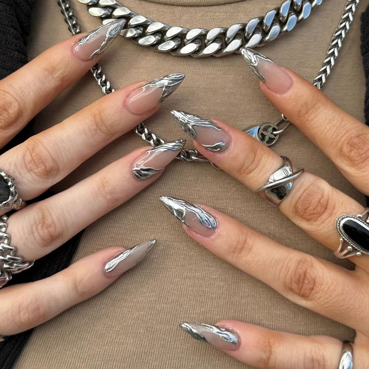 Almond Nail Silver Design